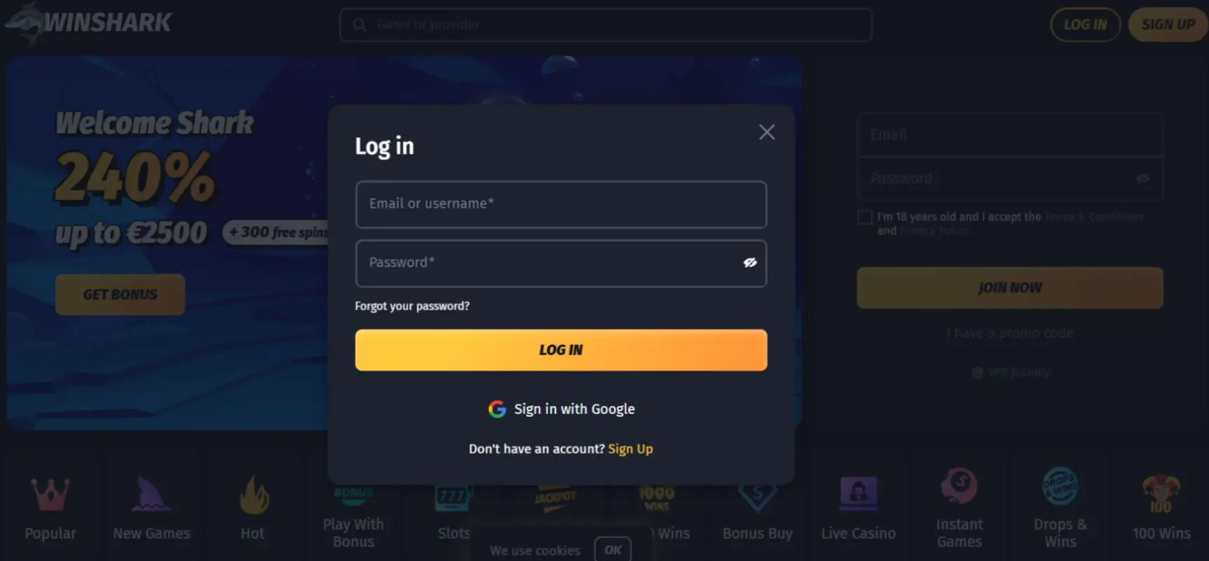 Winshark Casino Screen